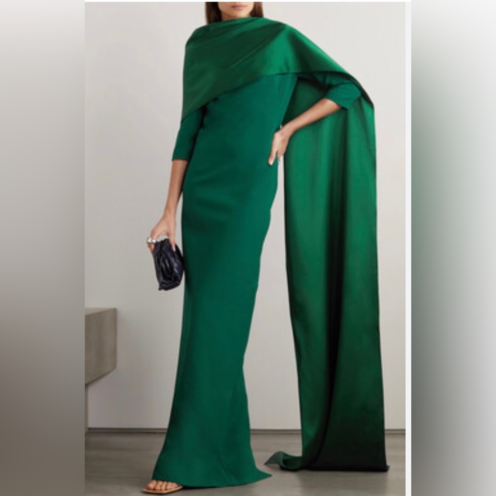 Safiyaa Cosette cape-effect stretch-cady and satin gown, emerald, FR36, size 4